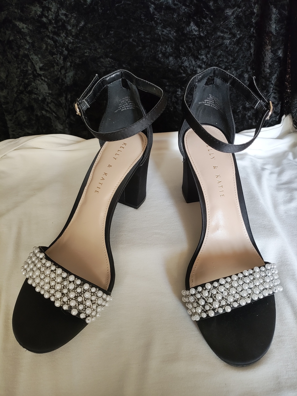 Kelly & Katie Black Pearl-Embellished Block Heel Sandals